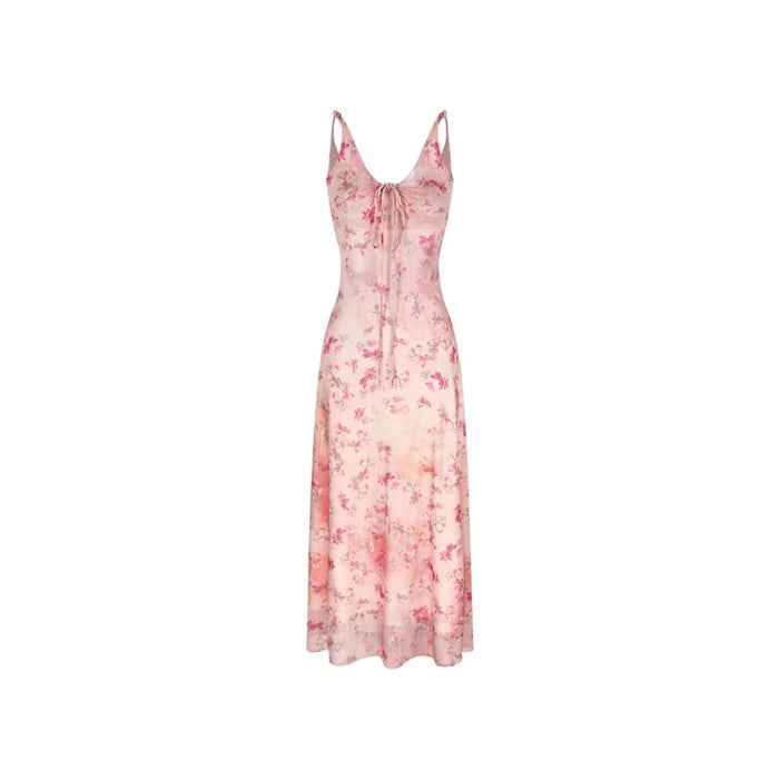 Pink Slim-Fit Floral Strap Dress – Patchwork Detail