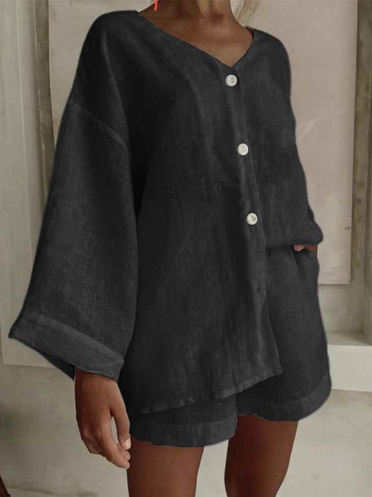 Cotton-Linen Long-Sleeve Shirt & Shorts Casual Two-Piece Set