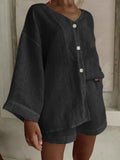 Cotton-Linen Long-Sleeve Shirt & Shorts Casual Two-Piece Set