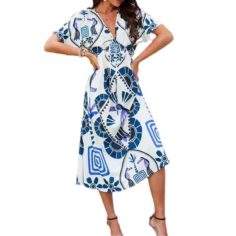 Womens Short-Sleeve Geometric-Print High-Waist Long Dress