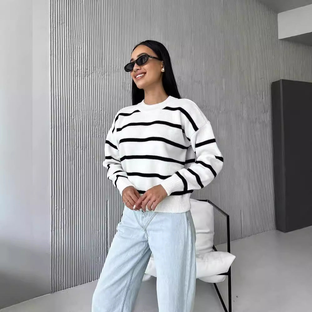 Loose-Fit Striped Long-Sleeve Pullover Top