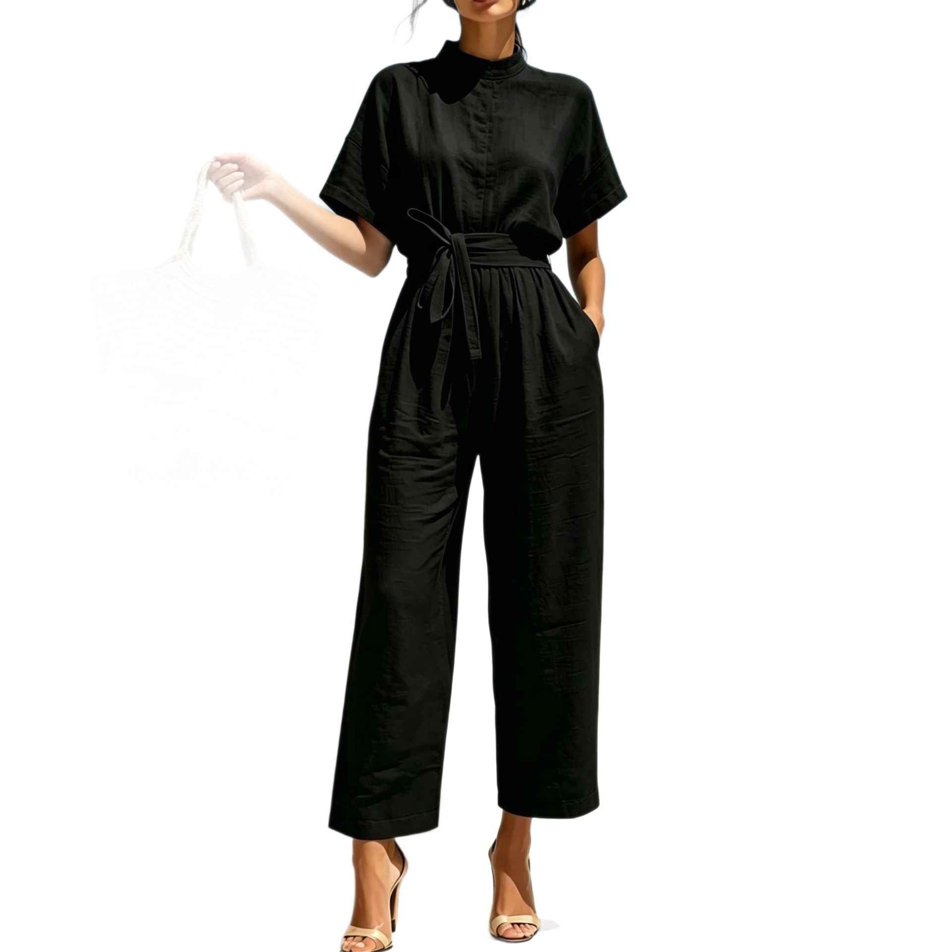 Wide-Leg Jumpsuit with Mock Neck & Tie Detail