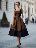 Retro-style Patchwork Wide-strap Waist-cinching Figure-flattering Refined Workwear Dress