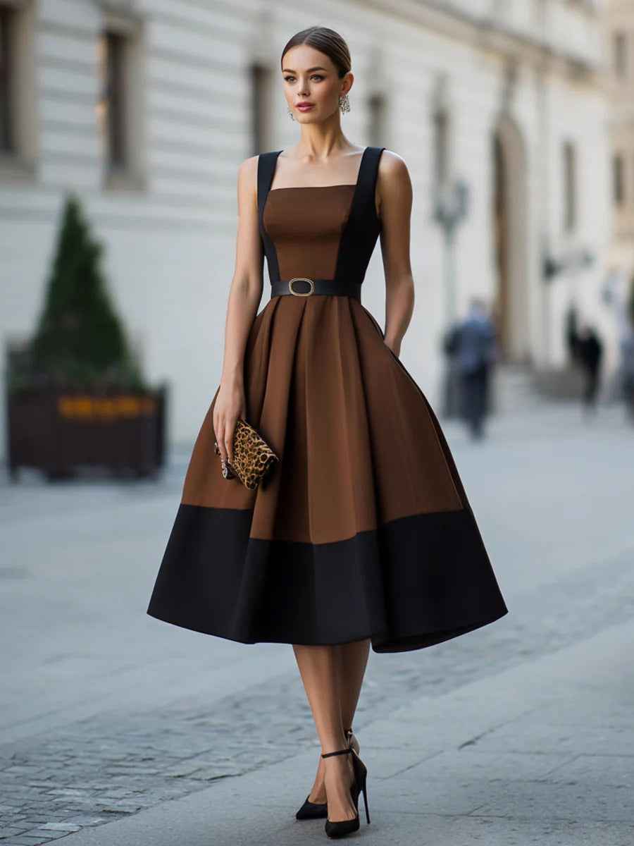 Retro-style Patchwork Wide-strap Waist-cinching Figure-flattering Refined Workwear Dress