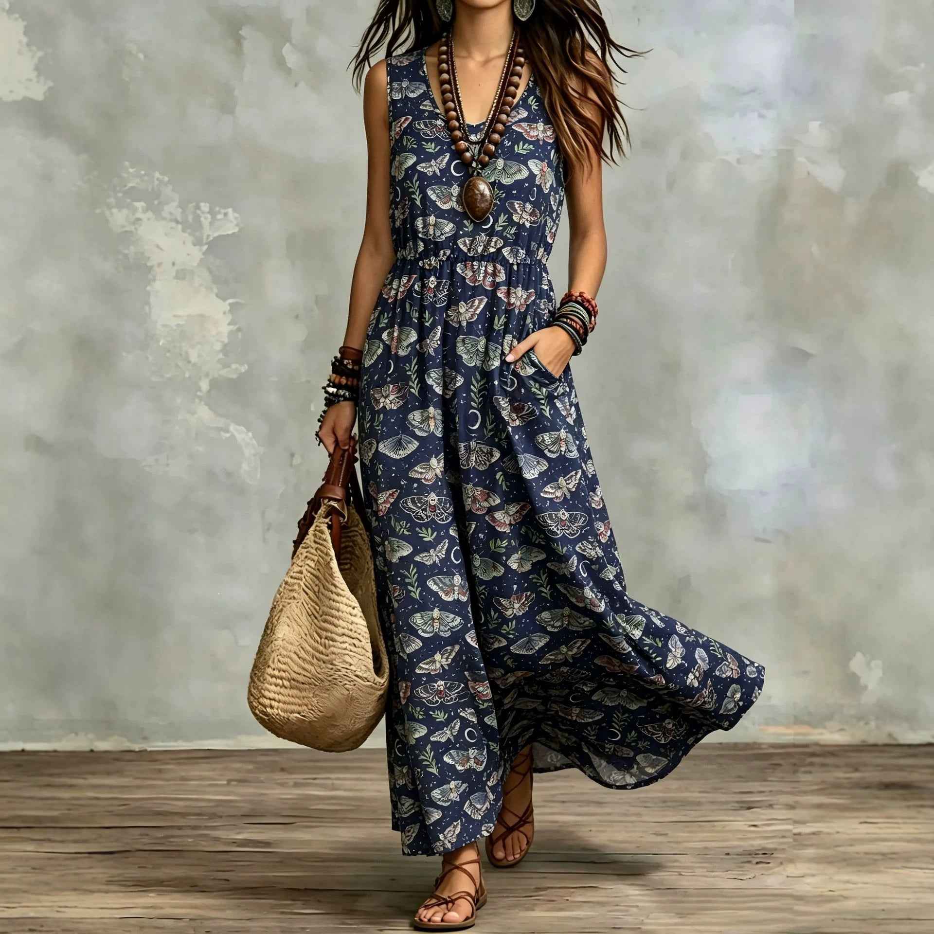 Elegant Sleeveless Printed Long Dress With Pockets