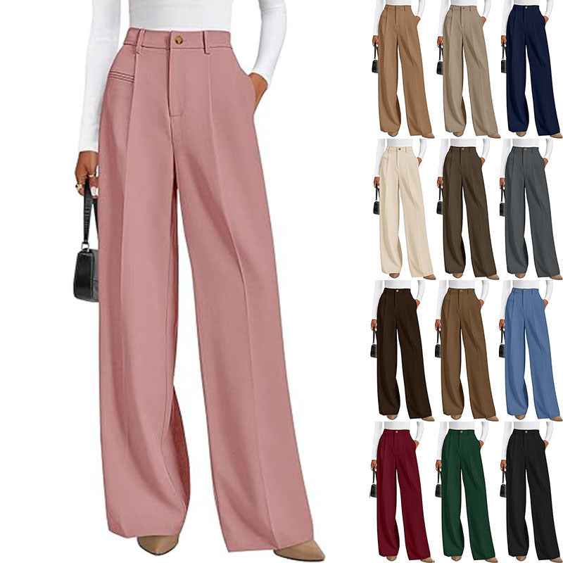 New Solid-color High-waisted Womens Casual Wide-leg Pants