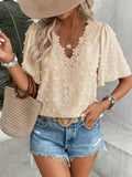 V-Neck Lace-Trim Swiss Dot Blouse – Loose Fit Short Sleeve Top