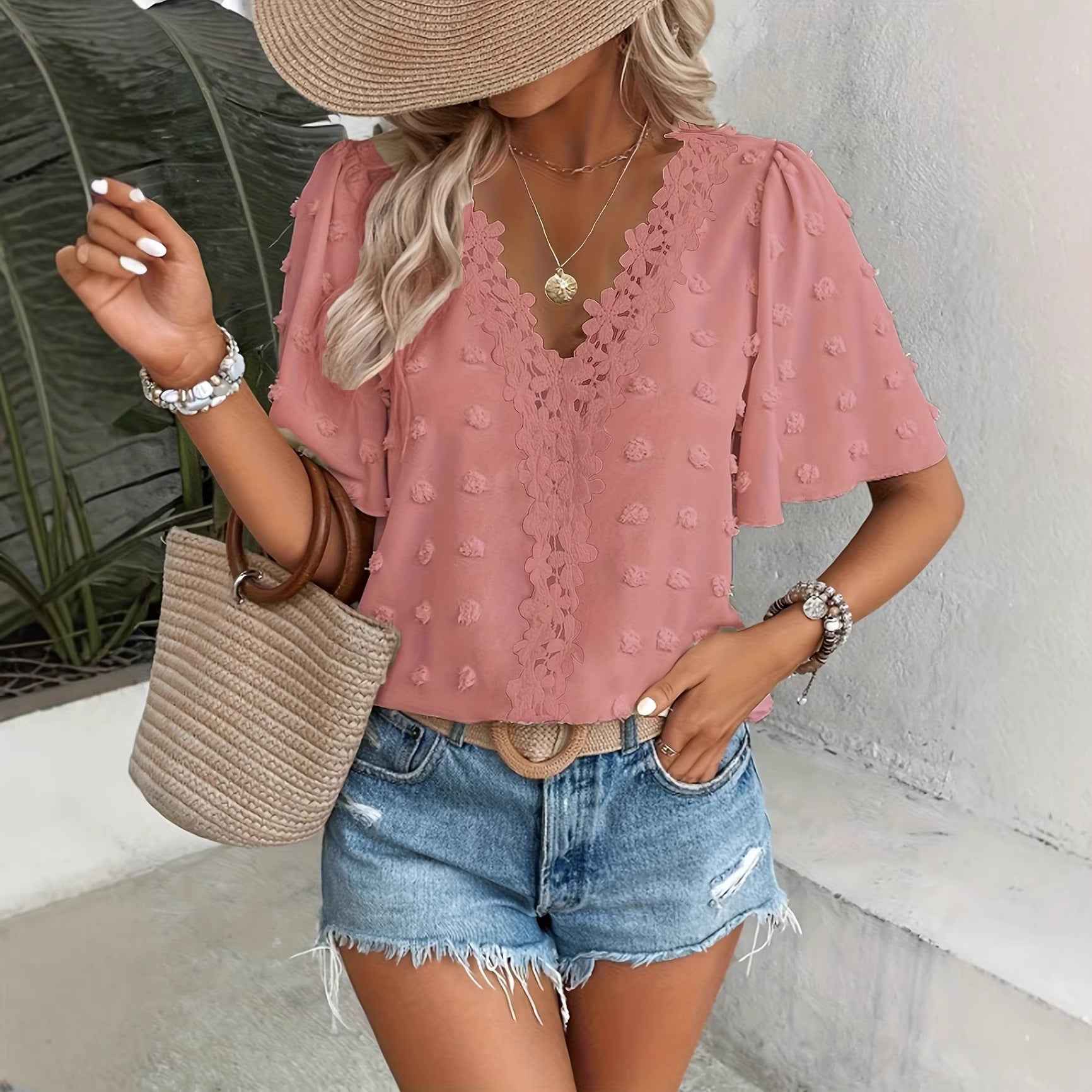 V-Neck Lace-Trim Swiss Dot Blouse – Loose Fit Short Sleeve Top