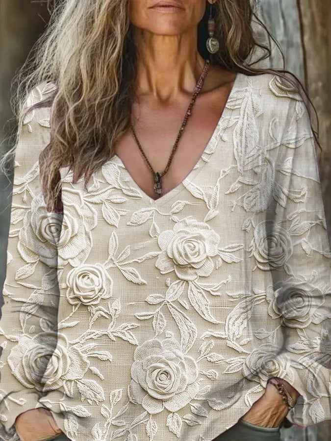 Womens V-neck Fashionable Pullover With A Loose-fit Print