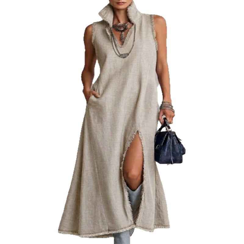 Womens V-neck Sleeveless Tassel-panel Split Cotton-linen Dress