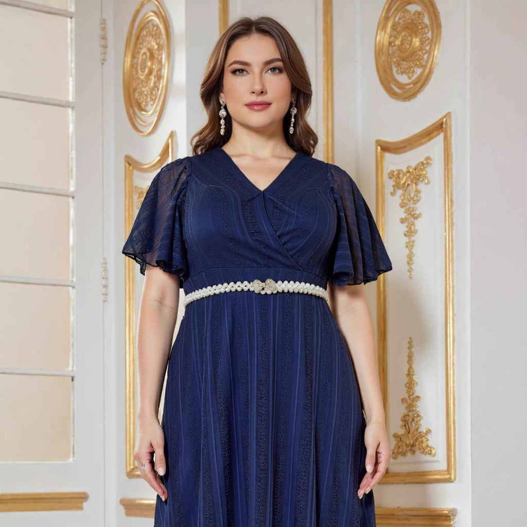 Lace Evening Gown with Belt & 3/4 Sleeves – Plus Size