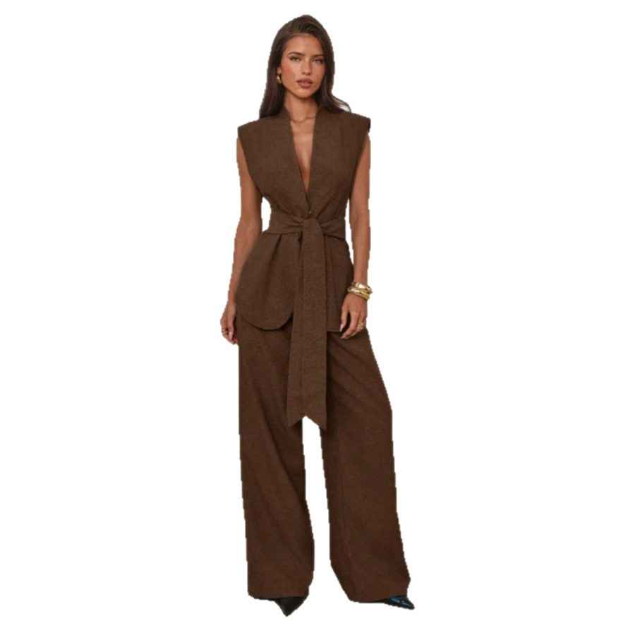 V-Neck Lace-Up Vest & Wide-Leg Pants – Women's Two-Piece Set