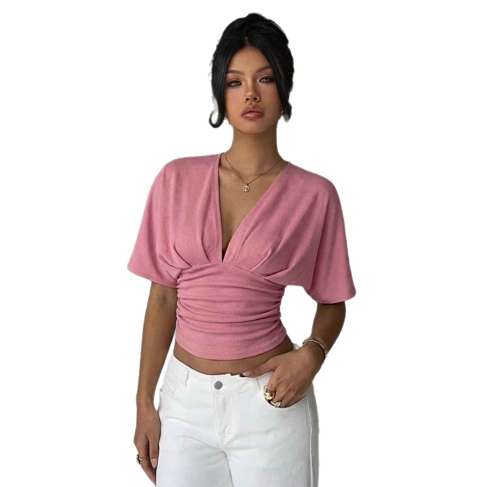 Fashionable Chic And Sassy Solid-color Deep-V-neck T-shirt