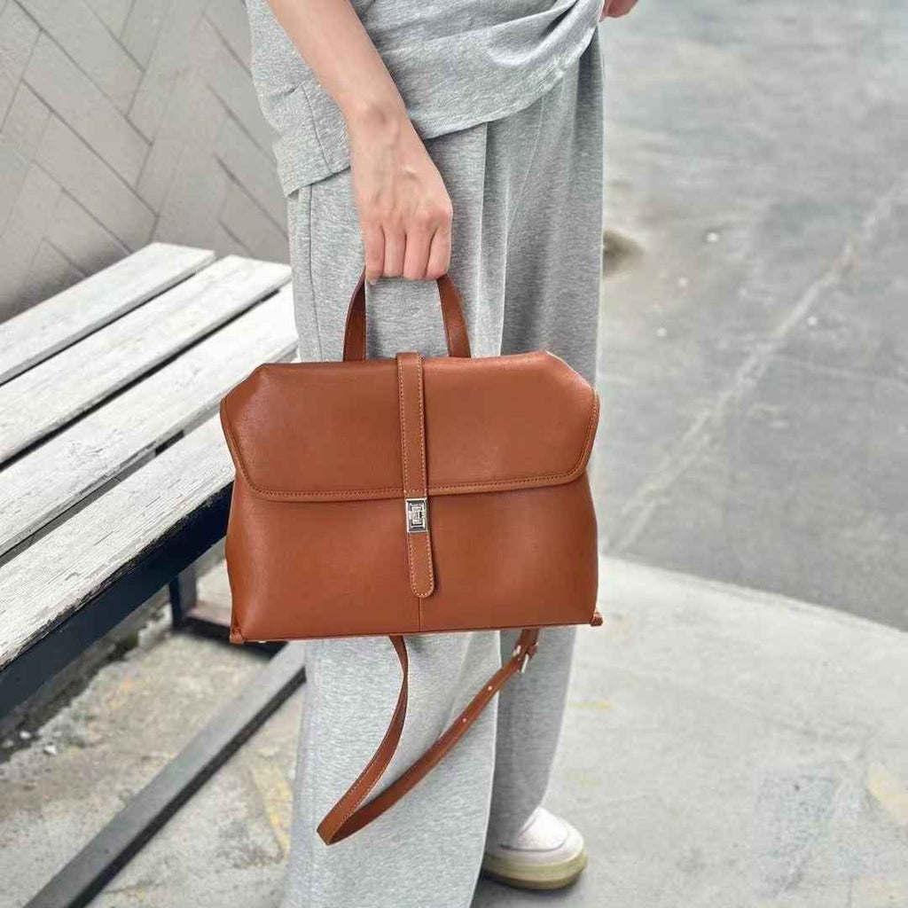 Genuine Leather Tote & Crossbody Bag — Black, Red & Sandalwood Brown