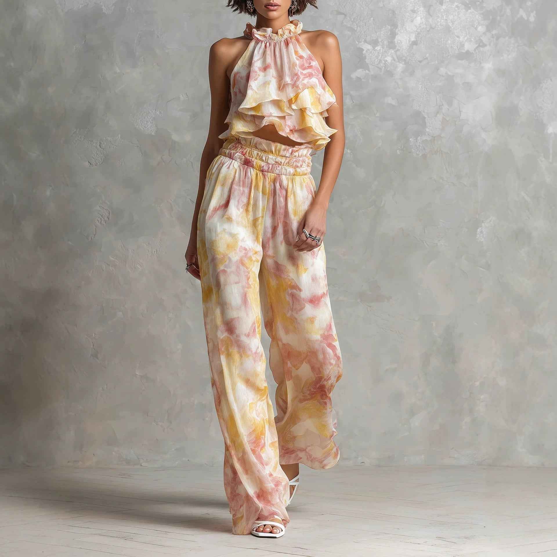 Halter-Neck Printed Top & Pants Set — 3 Colours
