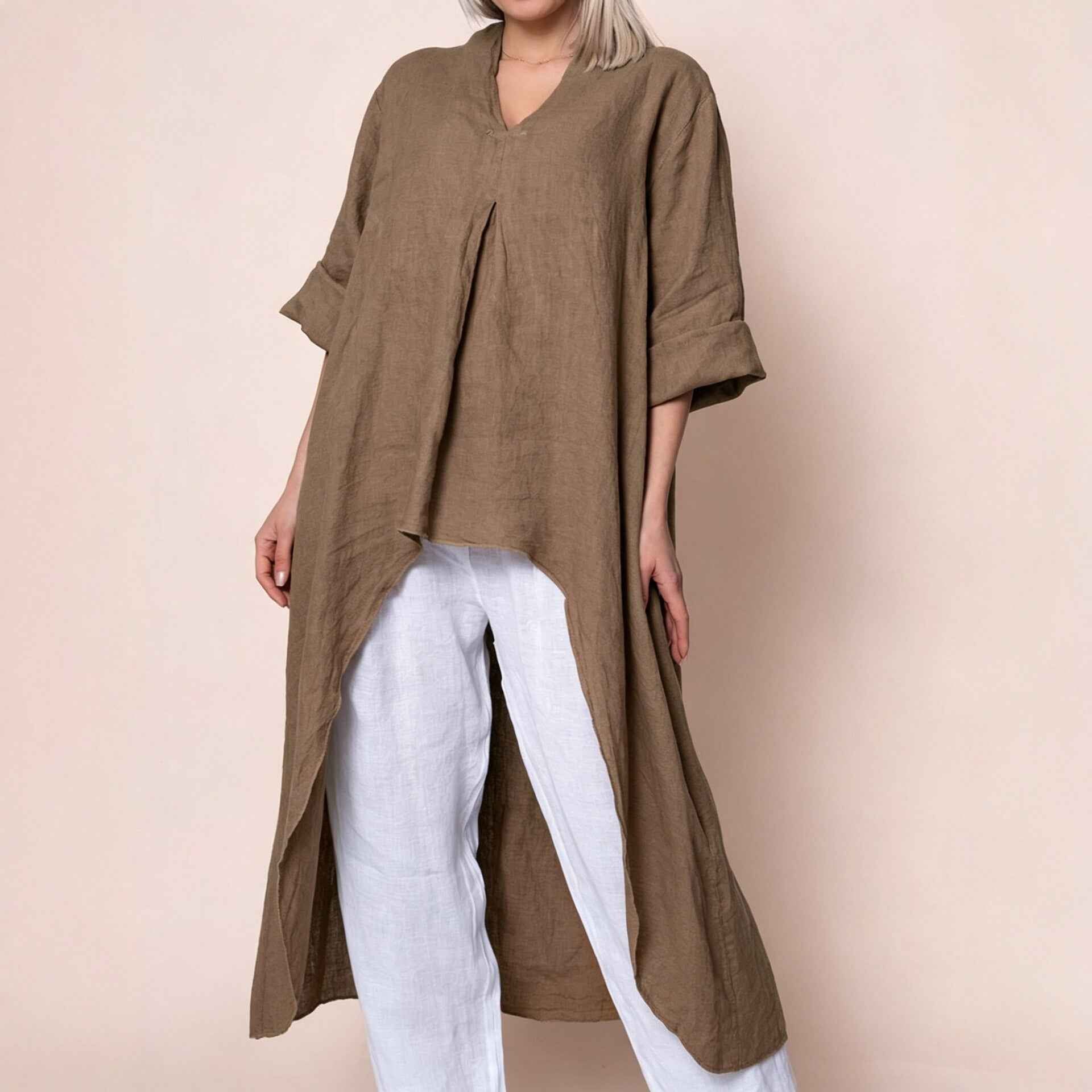 Womens Solid-Color V-Neck Asymmetric Long-Sleeve Shirt
