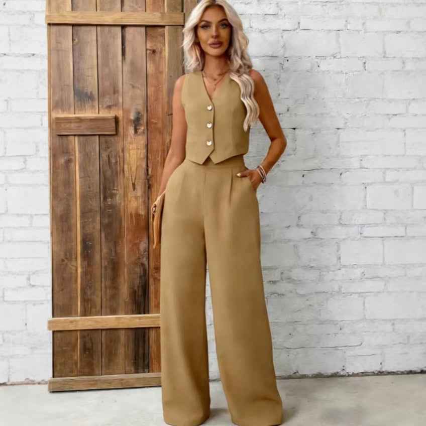 Sleeveless Vest & Trousers Set — Patchwork Detail, Casual Two-Piece