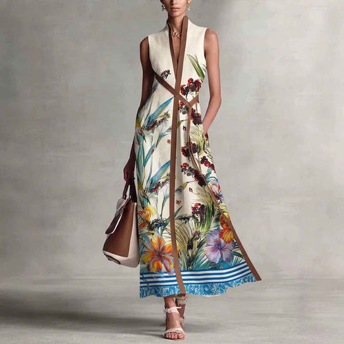 Color-Block Printed Maxi Dress – V-Neck Flared Hem
