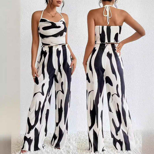 Check Print Halterneck Top & Wide-Leg Pants Set