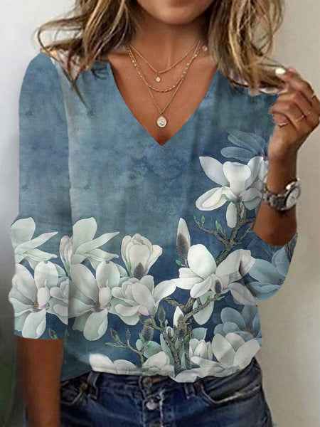 Womens V-neck Fashionable Pullover With A Loose-fit Print