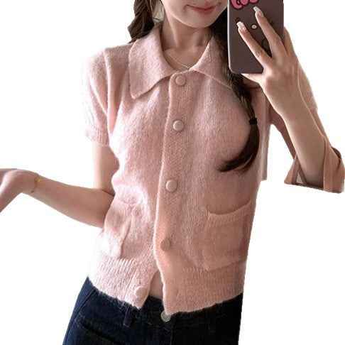 Slim-Fit Lapel Knitted Short-Sleeve Cardigan Top