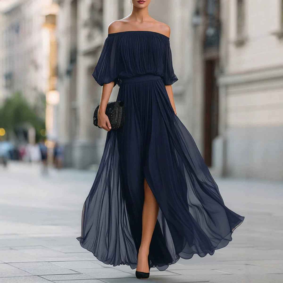 Off-Shoulder Pleated Chiffon Midi Dress — Short Sleeve Slim-Fit