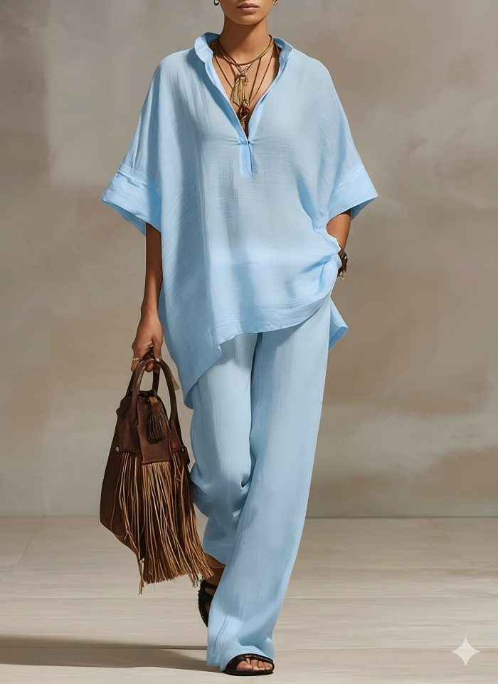 Womens Casual Loose-fitting Solid-color Shirt And Wide-leg Pants Set