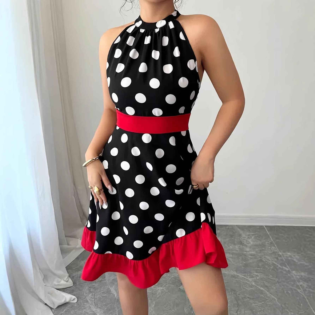 Polka-Dot Colour-Block A-Line Maxi Dress — Bow-Tie High-Waist