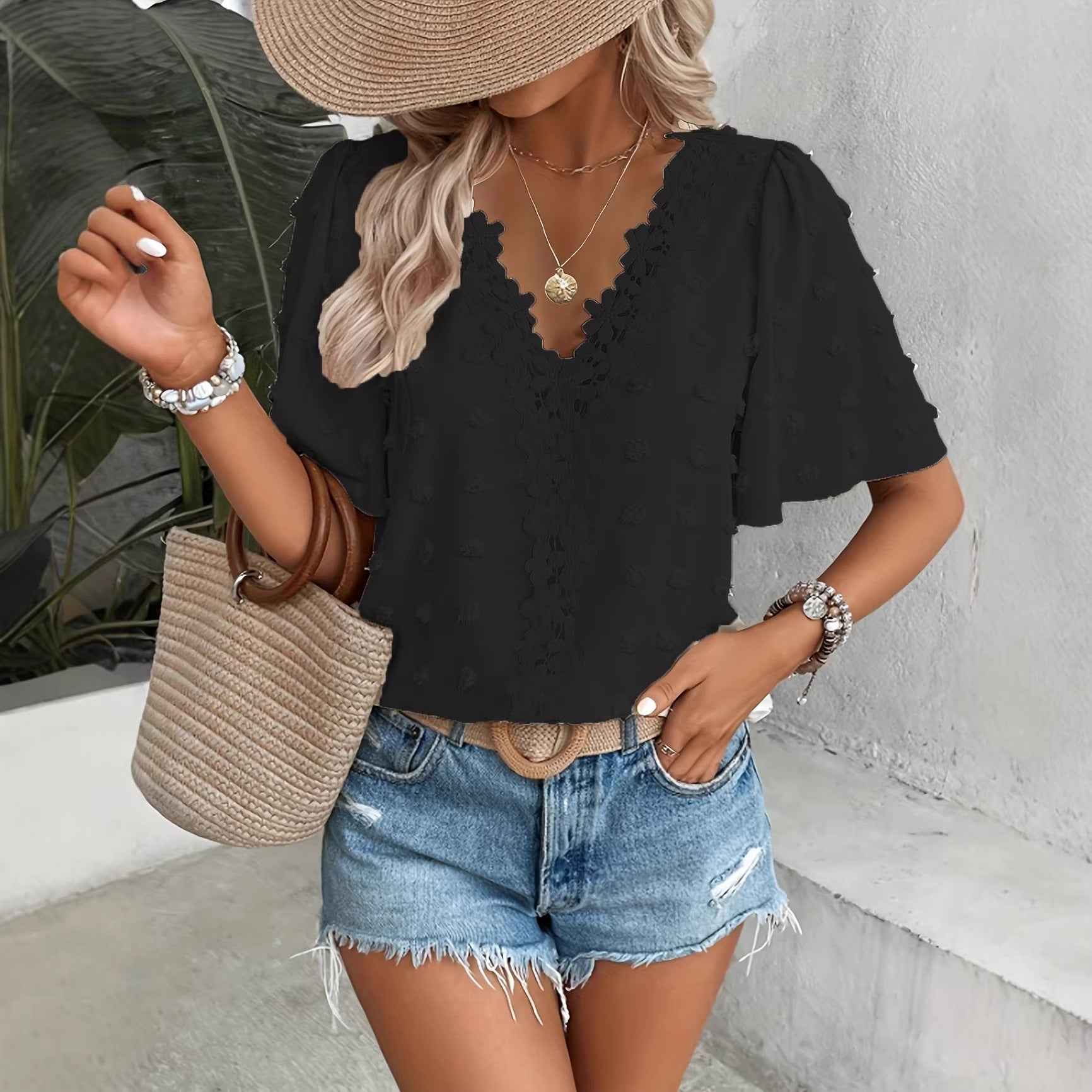V-Neck Lace-Trim Swiss Dot Blouse – Loose Fit Short Sleeve Top