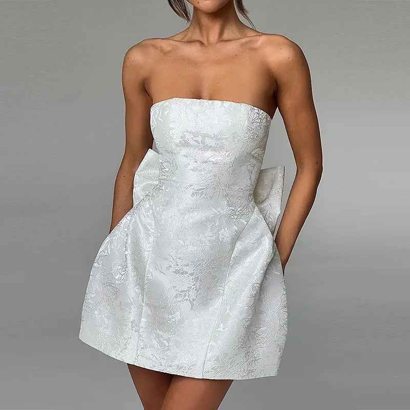 Off-Shoulder High-Waist Jacquard Tube Mini Dress with Bow Accent