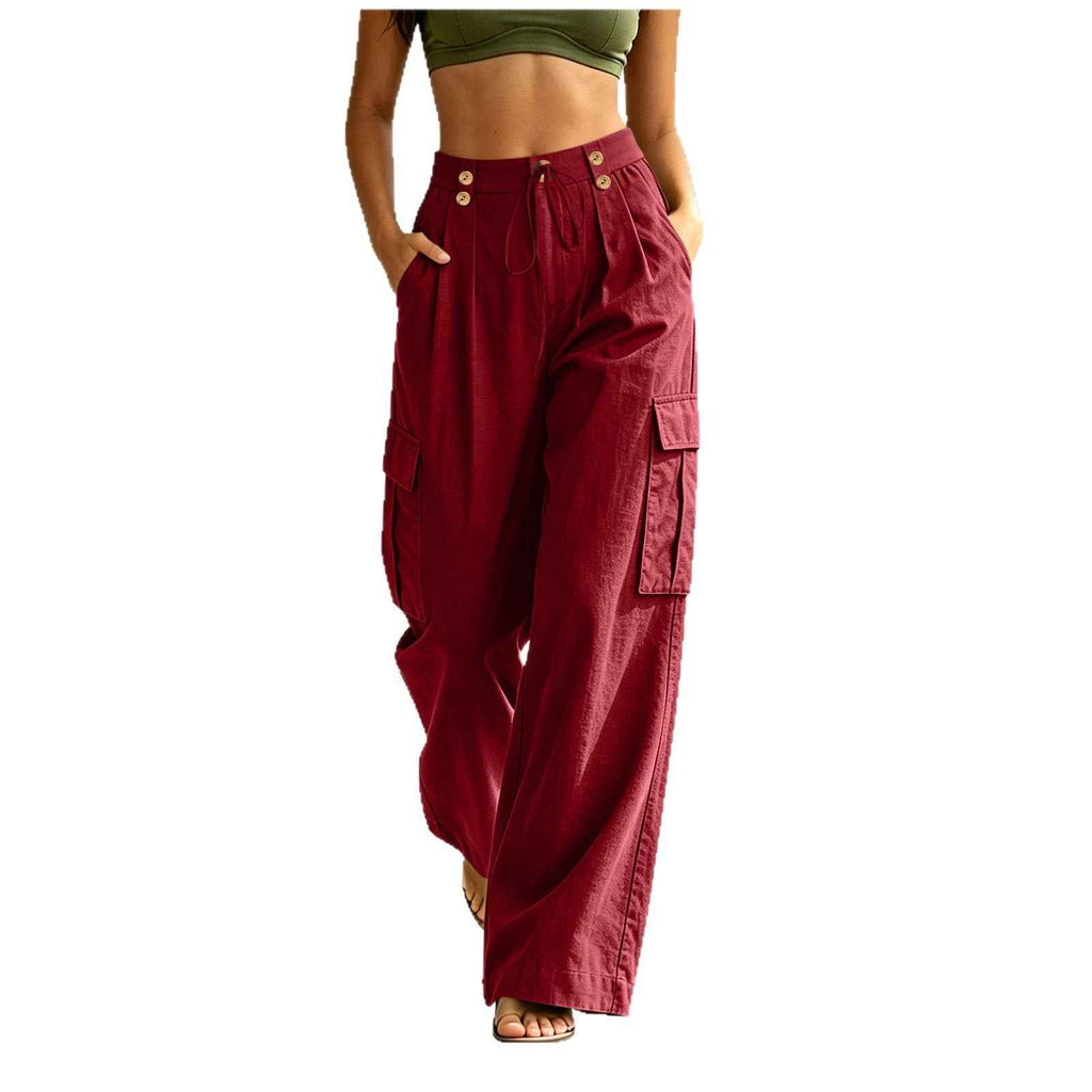 Cotton-Linen Drawstring Straight-Leg Pants – Mid-Rise with Pockets