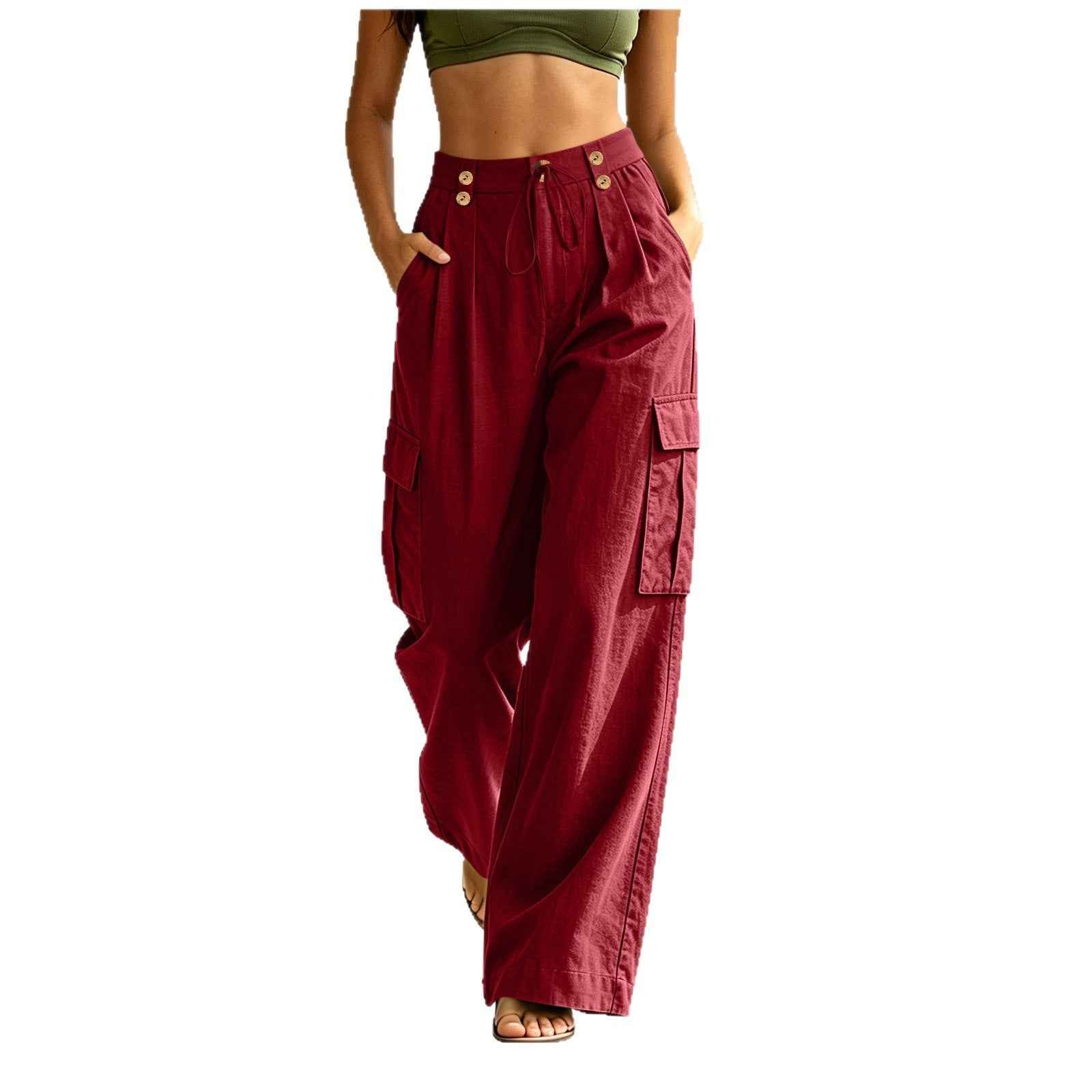 Cotton-Linen Drawstring Straight-Leg Pants – Mid-Rise with Pockets