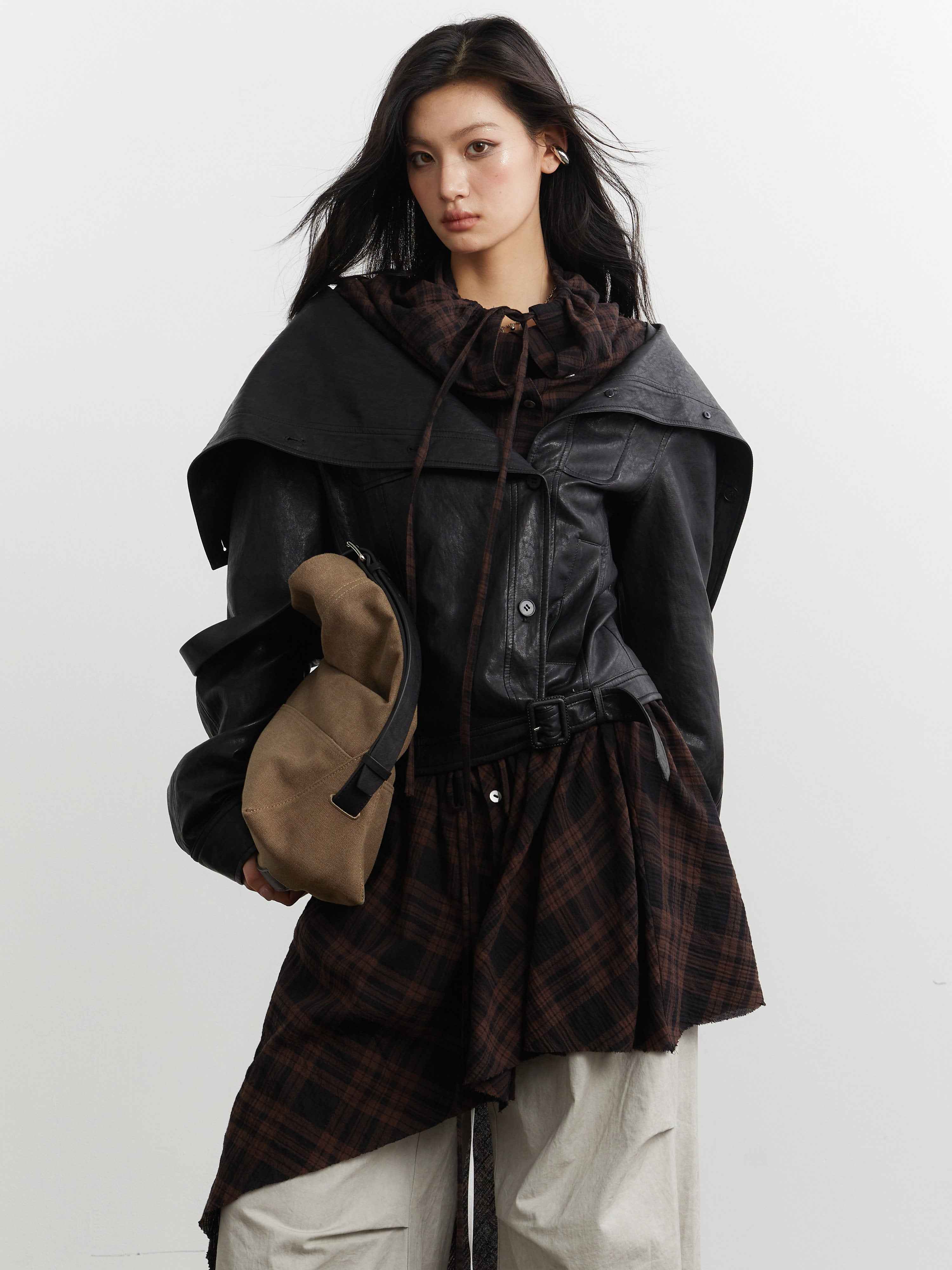 Women’s PU Leather Apron-Style Jacket – Checkered Moto Coat | S–L