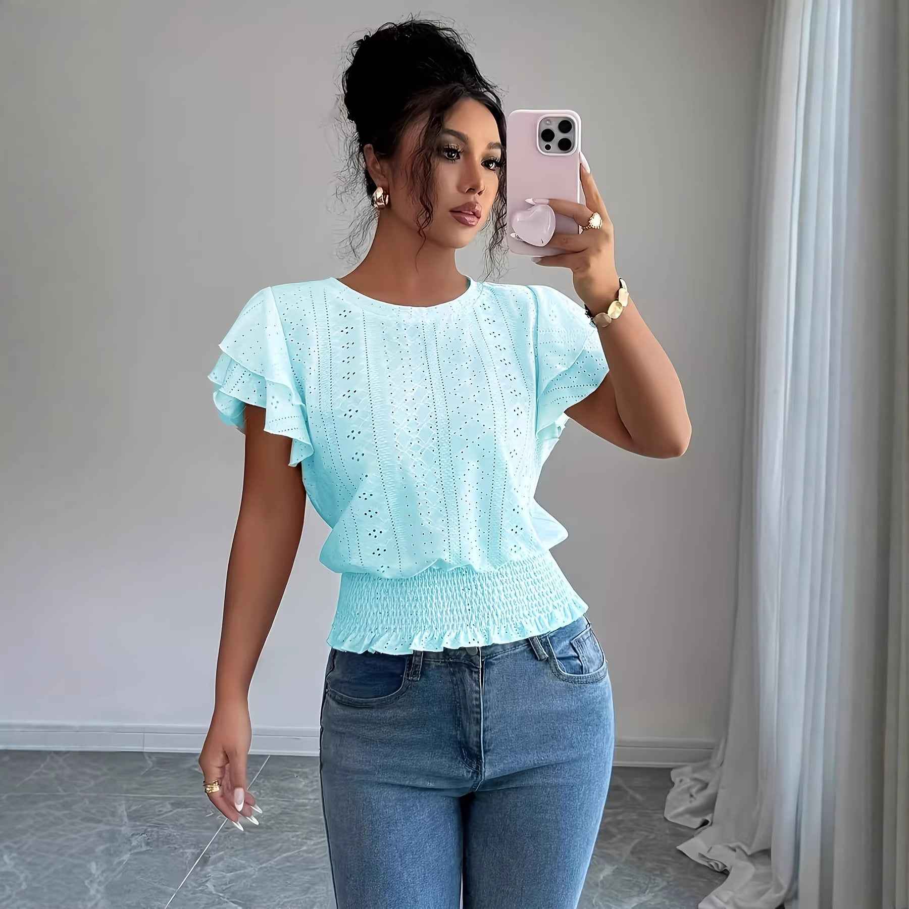 Womens Solid-Color Casual Round-Neck Top