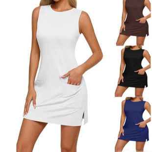 Sleeveless Solid-Colour Slit Dress with Pockets — Casual Mid-Waist