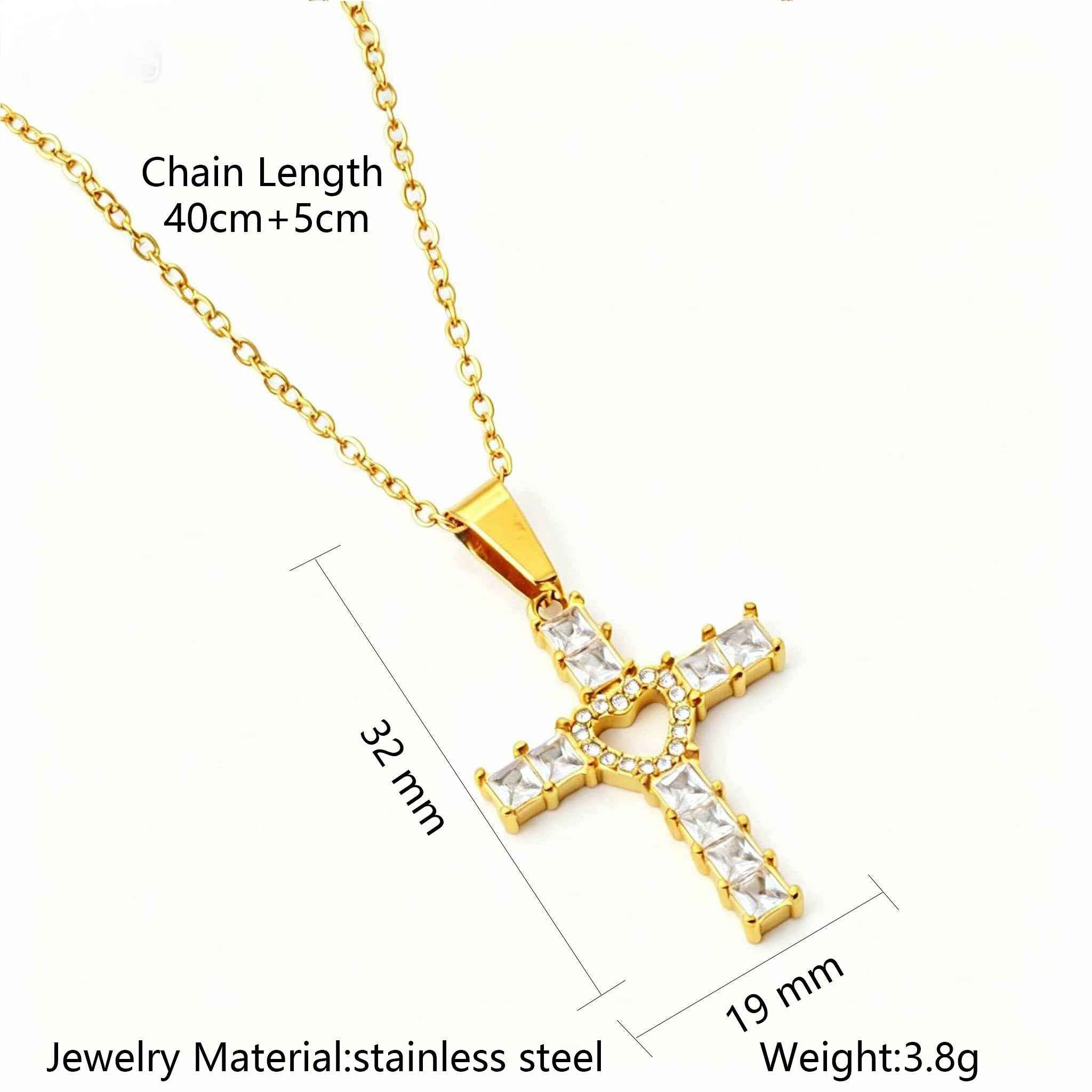 Stainless Steel Heart-shaped Cross Pendant Necklace With Zircon Inlay