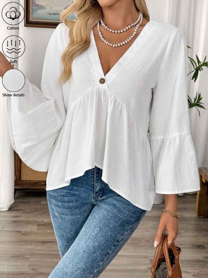 New Arrival Women's Solid Color V-Neck Ruffle Sleeve Blouse, Loose Elegant Casual Tops