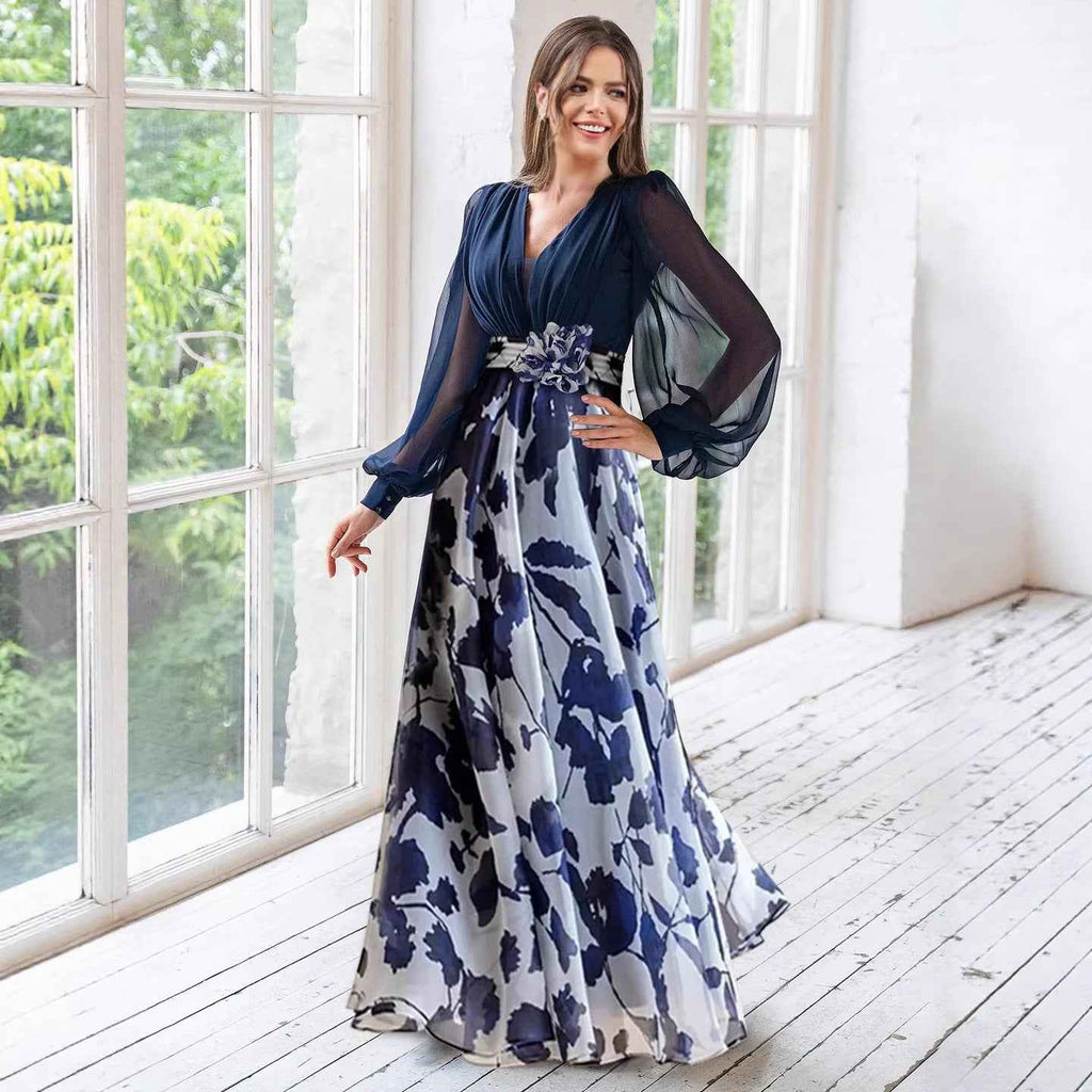 Women's Floral Print Puff Sleeve A-Line Midi Dress — High Waist & Flared