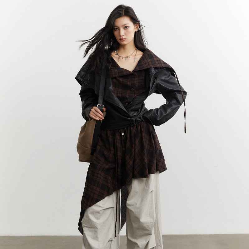 Women’s PU Leather Apron-Style Jacket – Checkered Moto Coat | S–L