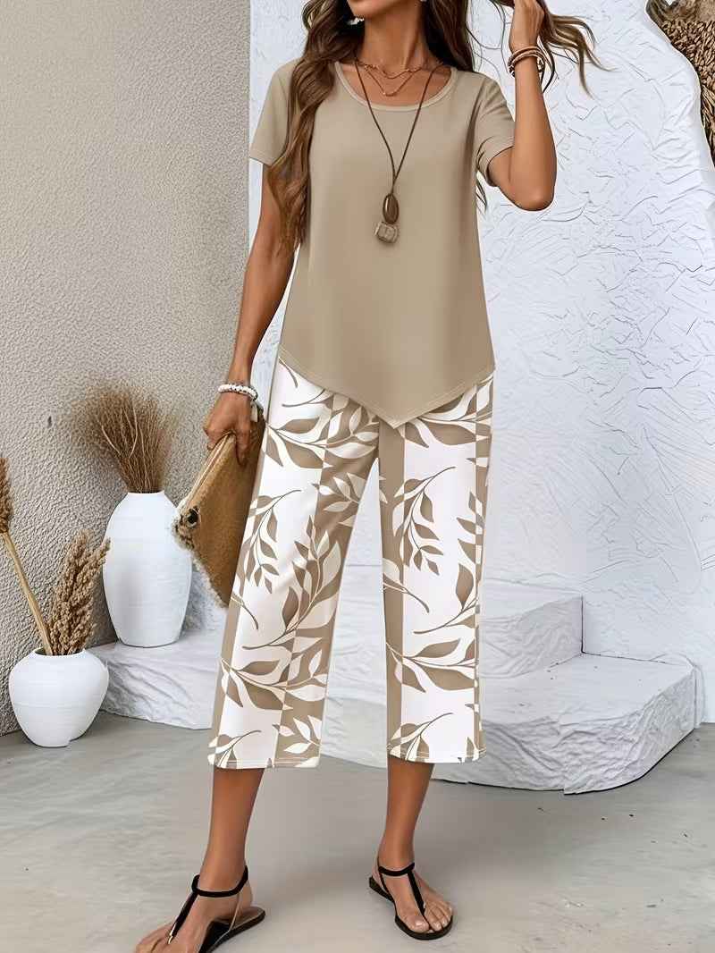Women's Geometric Print Short Sleeve Top & Wide-Leg Trousers Set