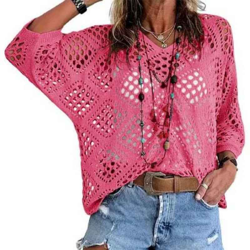 V-Neck Diamond Openwork Batwing Sleeve Sweater — 5 Colours