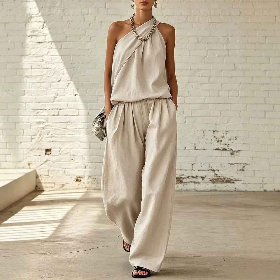 Cotton-Linen Pleated Sleeveless Double-Layer Top & Wide-Leg Pants Elegant Two-Piece Set
