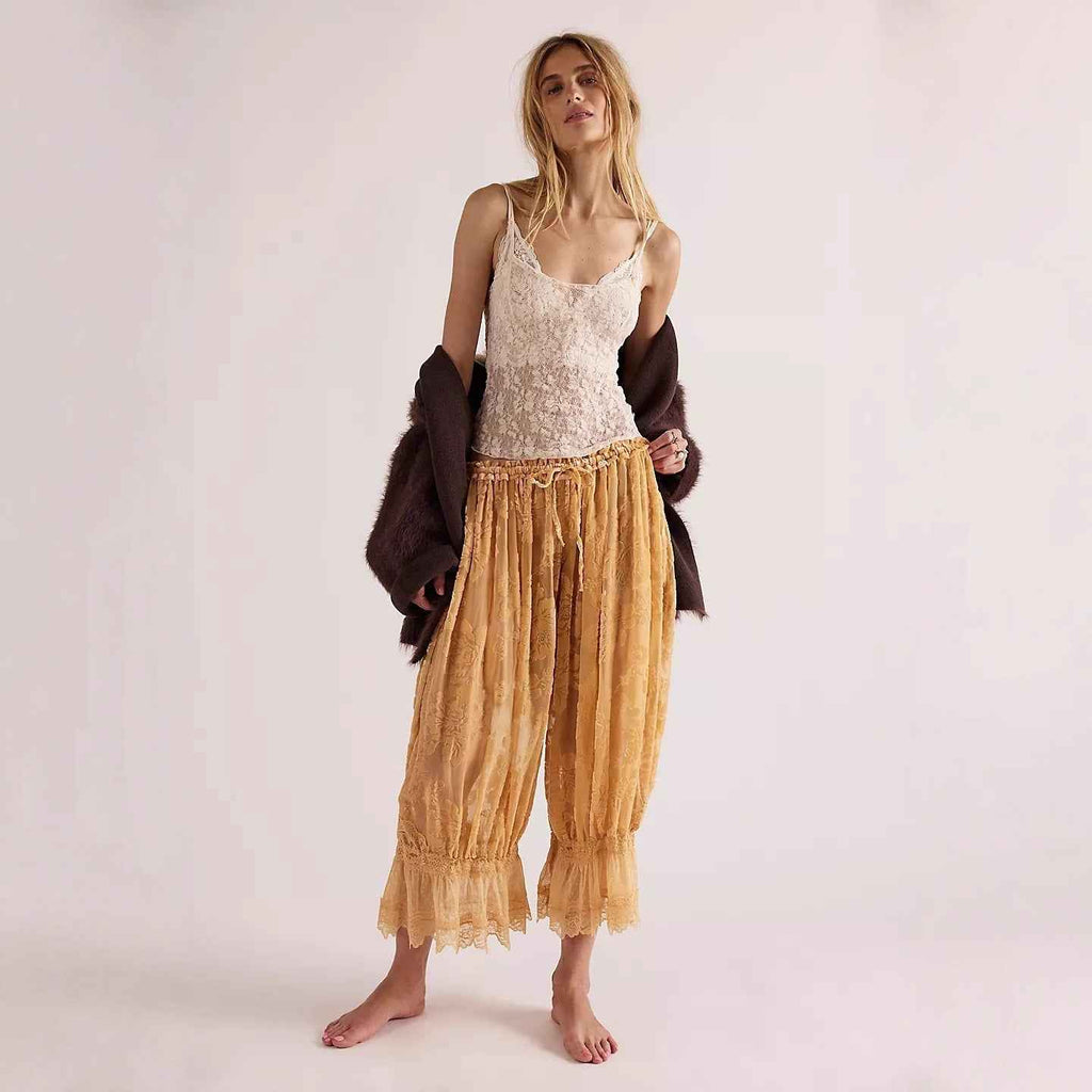 Women's High-Waist Lantern Cropped Trousers – Lace Trim, 5 Colours