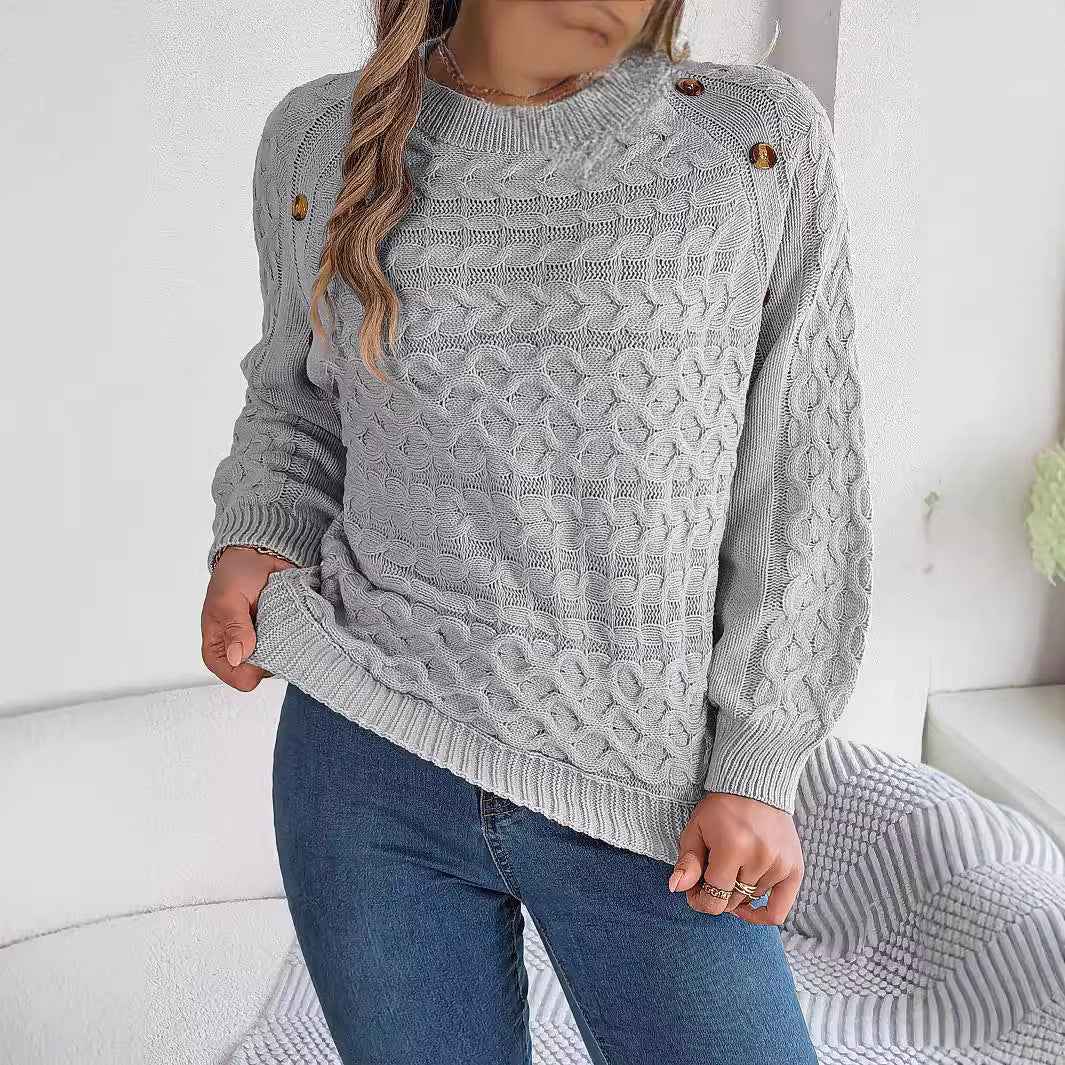 Pullover Sweater With Buttons And Puff Sleeves For Women