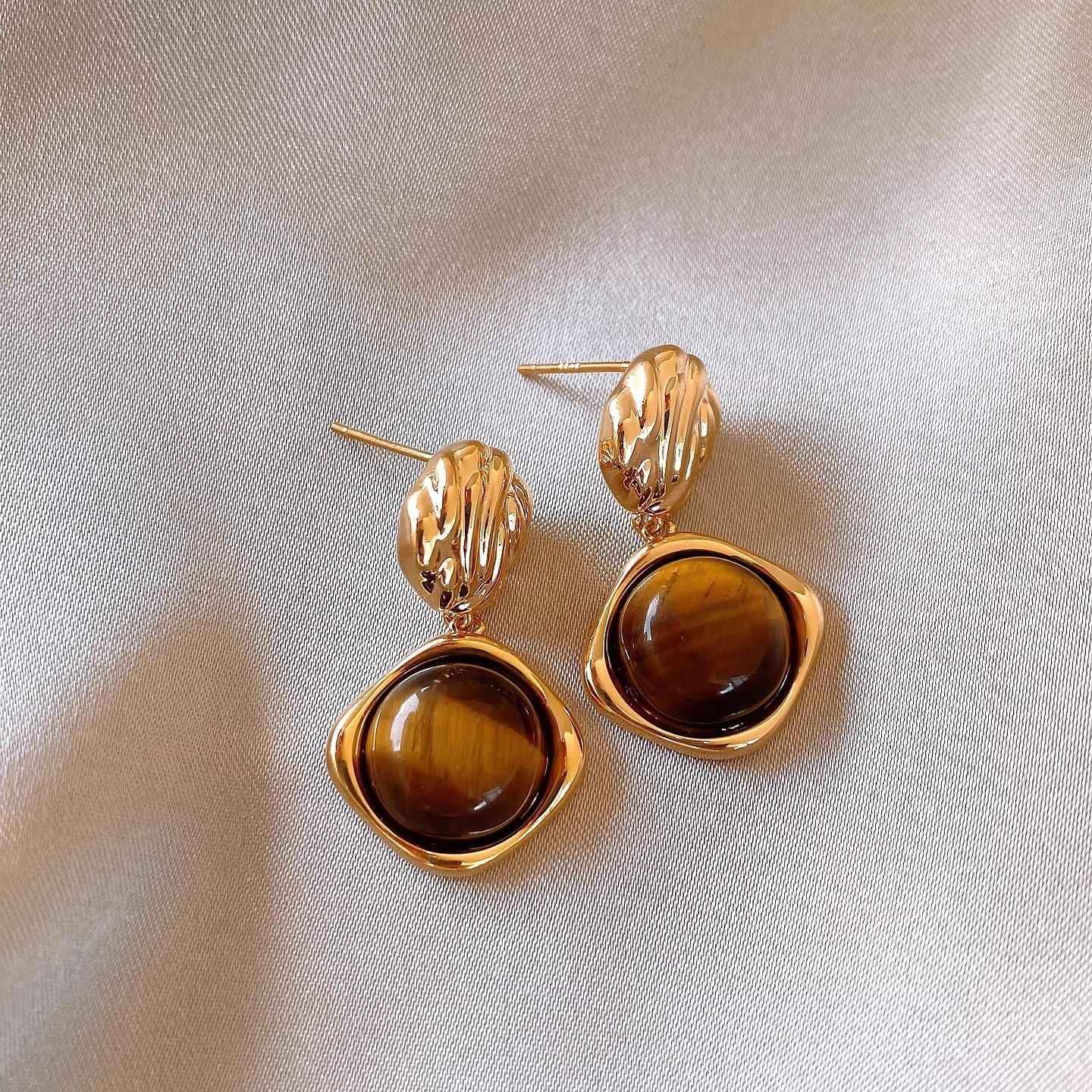 Sterling Silver Maillard Tiger Eye Stone Stud Earrings For Women, 2026 New Hot Selling Light Luxury High-End Autumn Winter Ear Jewelry