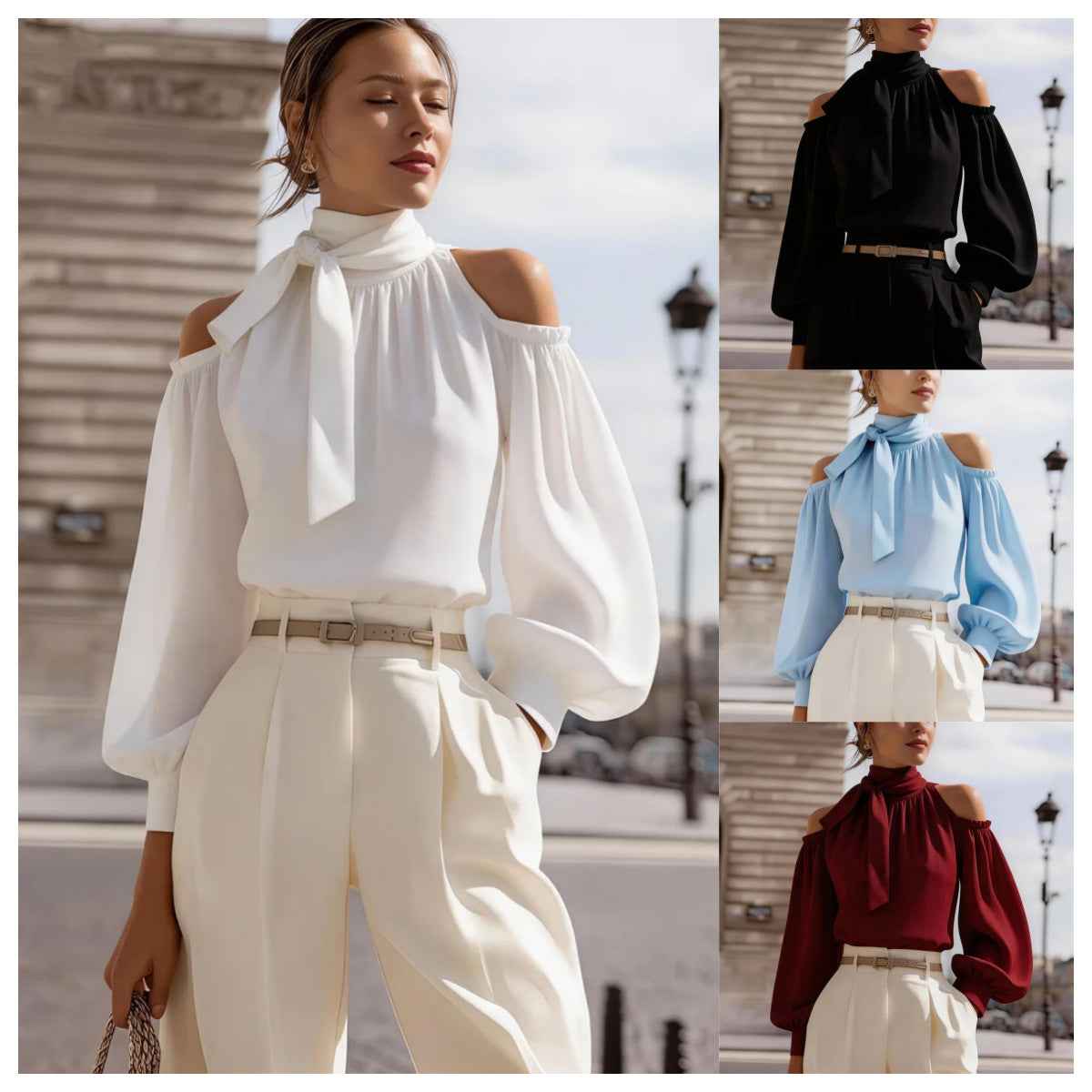 Womens Stand-collar Off-shoulder Top With Puff Sleeves