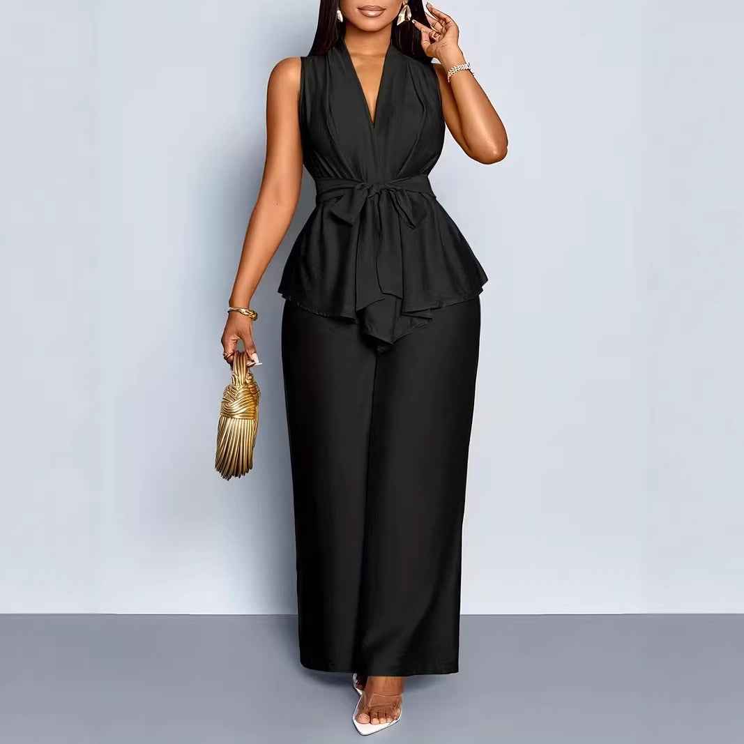 Womens V-neck Sleeveless Asymmetrical Top And Wide-leg Pants Set