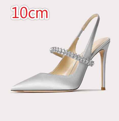 Satin Rhinestone Stiletto Heels — Ankle Strap, Pointed Toe, 3 Heights