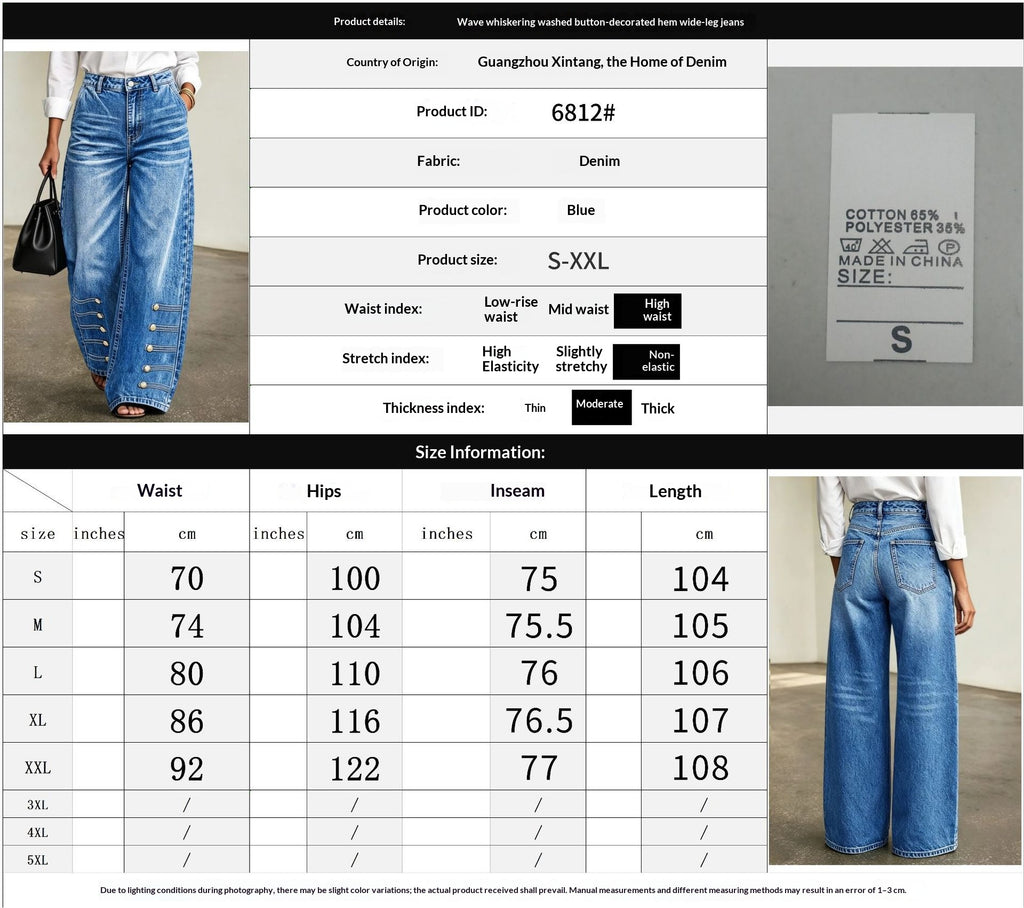 Women's Blue Washed Wide-Leg Jeans with Button Detail - size chart S to XXL and fabric label