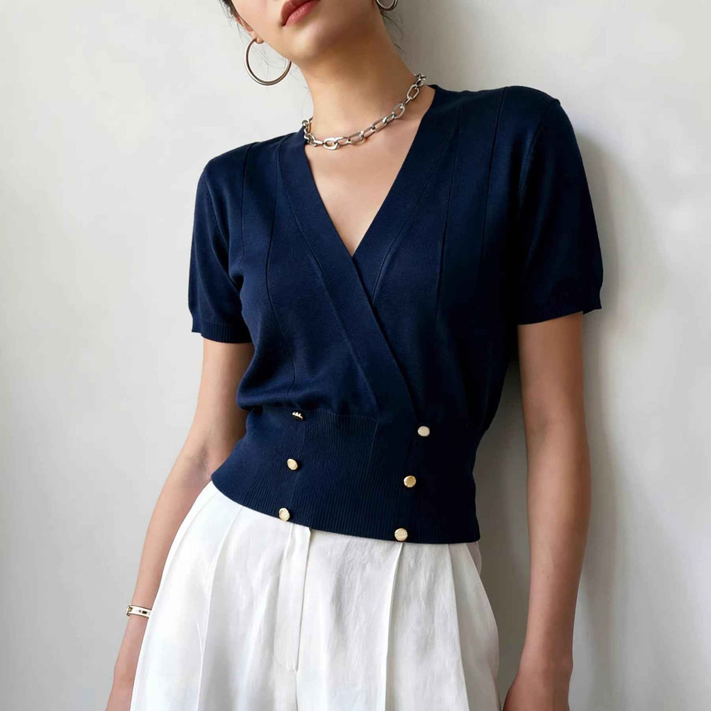 Double-Breasted Knit Pullover Top